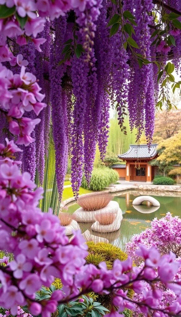 A vibrant springtime scene of Japanese flowers blooming in their natural habitat. In the foreground, a lush array of cherry blossoms, their delicate pink petals swaying gently in a soft breeze. In the middle ground, a cascade of wisteria vines hang in purple-hued clusters, their trailing tendrils framing the scene. In the background, a traditional Japanese garden with a serene koi pond, surrounded by a backdrop of verdant bamboo and maple trees. The lighting is soft and diffused, creating a warm, inviting atmosphere that captures the essence of the changing seasons. Captured with a wide-angle lens to encompass the full breadth of the floral display, the composition is balanced and harmonious, showcasing the remarkable beauty of these iconic Japanese flower varieties. A vibrant springtime scene of Japanese flowers blooming in their natural habitat. In the foreground, a lush array of cherry blossoms, their delicate pink petals swaying gently in a soft breeze. In the middle ground, a cascade of wisteria vines hang in purple-hued clusters, their trailing tendrils framing the scene. In the background, a traditional Japanese garden with a serene koi pond, surrounded by a backdrop of verdant bamboo and maple trees. The lighting is soft and diffused, creating a warm, inviting atmosphere that captures the essence of the changing seasons. Captured with a wide-angle lens to encompass the full breadth of the floral display, the composition is balanced and harmonious, showcasing the remarkable beauty of these iconic Japanese flower varieties.
