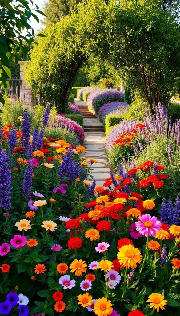 A vibrant summer garden bursting with lush, colorful foliage. In the foreground, a mix of delicate petunias, bold marigolds, and fragrant lavender plants create a captivating floral tapestry. Mid-ground features a lush, verdant canopy of towering sun-kissed plants, their leaves shimmering in the warm afternoon light. In the background, a picturesque stone path meanders through the garden, inviting exploration. The scene is bathed in a soft, golden glow, evoking a sense of tranquility and natural beauty. Captured with a wide-angle lens to showcase the depth and breadth of this bountiful summer haven. A vibrant summer garden bursting with lush, colorful foliage. In the foreground, a mix of delicate petunias, bold marigolds, and fragrant lavender plants create a captivating floral tapestry. Mid-ground features a lush, verdant canopy of towering sun-kissed plants, their leaves shimmering in the warm afternoon light. In the background, a picturesque stone path meanders through the garden, inviting exploration. The scene is bathed in a soft, golden glow, evoking a sense of tranquility and natural beauty. Captured with a wide-angle lens to showcase the depth and breadth of this bountiful summer haven.