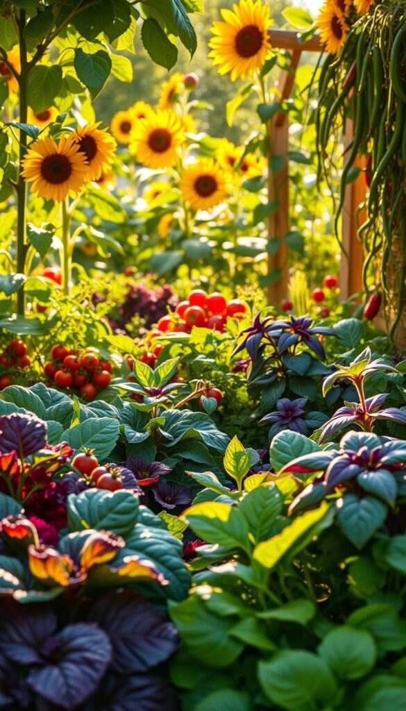 A vibrant summer garden overflowing with an array of edible plants, bathed in warm, golden sunlight. In the foreground, lush greens of leafy kale, Swiss chard, and spinach sway gently. The middle ground showcases the vibrant hues of cherry tomatoes, purple basil, and bell peppers, while the background features towering sunflowers and a wooden trellis adorned with climbing vines of trailing beans. The scene evokes a sense of abundance, harmony, and the joy of growing your own nourishing produce. Captured with a wide-angle lens to immerse the viewer in this verdant, edible oasis. A vibrant summer garden overflowing with an array of edible plants, bathed in warm, golden sunlight. In the foreground, lush greens of leafy kale, Swiss chard, and spinach sway gently. The middle ground showcases the vibrant hues of cherry tomatoes, purple basil, and bell peppers, while the background features towering sunflowers and a wooden trellis adorned with climbing vines of trailing beans. The scene evokes a sense of abundance, harmony, and the joy of growing your own nourishing produce. Captured with a wide-angle lens to immerse the viewer in this verdant, edible oasis.