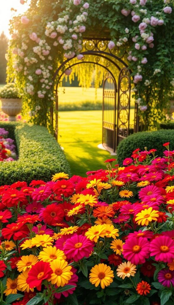 A vibrant summer garden overflowing with lush, colorful annuals. In the foreground, a bountiful mix of petunias, marigolds, and zinnias in a riot of vivid hues - crimson, sunshine yellow, and deep fuchsia. The middle ground features a border of neatly trimmed boxwood hedges, their deep green foliage providing a perfect backdrop. Beyond, a verdant lawn leads the eye to a wrought-iron garden arch, draped with cascading vines and trailing blooms. Warm, golden afternoon sunlight filters through the canopy, casting a soft, magical glow over the entire scene. Captured with a wide-angle lens to showcase the depth and splendor of this quintessential summer garden oasis. A vibrant summer garden overflowing with lush, colorful annuals. In the foreground, a bountiful mix of petunias, marigolds, and zinnias in a riot of vivid hues - crimson, sunshine yellow, and deep fuchsia. The middle ground features a border of neatly trimmed boxwood hedges, their deep green foliage providing a perfect backdrop. Beyond, a verdant lawn leads the eye to a wrought-iron garden arch, draped with cascading vines and trailing blooms. Warm, golden afternoon sunlight filters through the canopy, casting a soft, magical glow over the entire scene. Captured with a wide-angle lens to showcase the depth and splendor of this quintessential summer garden oasis.