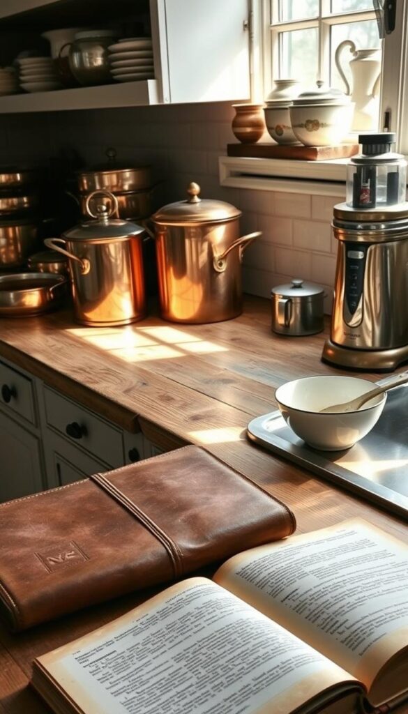 A vintage kitchen countertop, meticulously organized with a collection of gleaming copper pots, artisanal ceramic bowls, and a classic manual food processor. Soft natural light filters through a nearby window, casting a warm glow on the aged wooden surfaces. In the foreground, a well-worn leather-bound cookbook lies open, its pages offering a glimpse into the culinary traditions of the past. The scene conveys a sense of timeless elegance and the enduring charm of vintage kitchen collectibles, inviting the viewer to imagine the stories and recipes they have witnessed over the years. A vintage kitchen countertop, meticulously organized with a collection of gleaming copper pots, artisanal ceramic bowls, and a classic manual food processor. Soft natural light filters through a nearby window, casting a warm glow on the aged wooden surfaces. In the foreground, a well-worn leather-bound cookbook lies open, its pages offering a glimpse into the culinary traditions of the past. The scene conveys a sense of timeless elegance and the enduring charm of vintage kitchen collectibles, inviting the viewer to imagine the stories and recipes they have witnessed over the years.