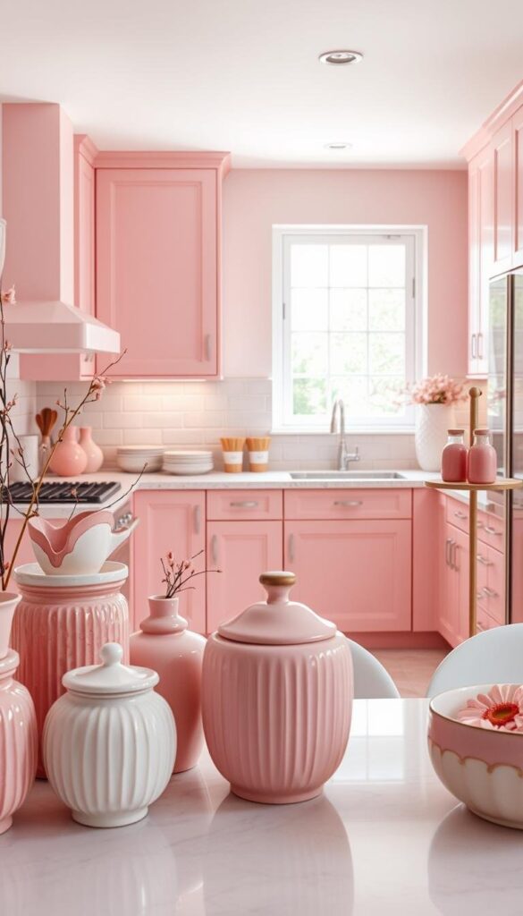 A warm, inviting kitchen bathed in a soft, pastel palette of pinks. The foreground showcases an array of kitchen accessories and decor - ceramic canisters, textured vases, and a tiered fruit stand - all in harmonious shades of rose, blush, and fuchsia. The middle ground reveals a sleek, modern kitchen with clean lines and matte pink cabinets, a quartz countertop, and a glossy tile backsplash. In the background, a large window floods the space with natural light, casting a gentle glow and highlighting the various pink hues. The overall atmosphere is one of tranquility, elegance, and a touch of whimsy, perfectly encapsulating the essence of a stunning pink kitchen. A warm, inviting kitchen bathed in a soft, pastel palette of pinks. The foreground showcases an array of kitchen accessories and decor - ceramic canisters, textured vases, and a tiered fruit stand - all in harmonious shades of rose, blush, and fuchsia. The middle ground reveals a sleek, modern kitchen with clean lines and matte pink cabinets, a quartz countertop, and a glossy tile backsplash. In the background, a large window floods the space with natural light, casting a gentle glow and highlighting the various pink hues. The overall atmosphere is one of tranquility, elegance, and a touch of whimsy, perfectly encapsulating the essence of a stunning pink kitchen.
