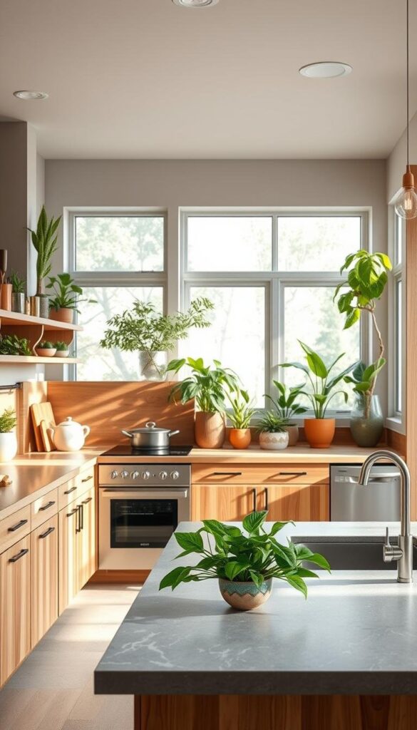 A well-lit, airy kitchen with an abundance of natural wood, stone, and plant-based materials. In the foreground, a selection of eco-friendly countertops, including bamboo, recycled glass, and soapstone, are neatly arranged. In the middle ground, a collection of energy-efficient appliances, such as a sleek induction cooktop and a high-performance dishwasher, stand out against the backdrop of a warm, earthy-toned backsplash. The background features large windows that flood the space with soft, diffused sunlight, highlighting the lush greenery and potted plants that add a touch of natural elegance to the space. The overall atmosphere evokes a sense of tranquility and a commitment to sustainable, thoughtful design. A well-lit, airy kitchen with an abundance of natural wood, stone, and plant-based materials. In the foreground, a selection of eco-friendly countertops, including bamboo, recycled glass, and soapstone, are neatly arranged. In the middle ground, a collection of energy-efficient appliances, such as a sleek induction cooktop and a high-performance dishwasher, stand out against the backdrop of a warm, earthy-toned backsplash. The background features large windows that flood the space with soft, diffused sunlight, highlighting the lush greenery and potted plants that add a touch of natural elegance to the space. The overall atmosphere evokes a sense of tranquility and a commitment to sustainable, thoughtful design.