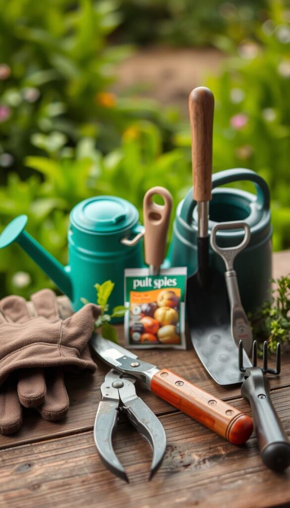 A well-lit, high-angle shot of a neatly arranged collection of essential gardening tools and supplies. In the foreground, a pair of sturdy gardening gloves, secateurs, and a trowel lay on a wooden surface. In the middle ground, a watering can, a small hand cultivator, and a packet of vegetable seeds stand upright. The background features a verdant, out-of-focus garden scene, suggesting the tools' purpose and the lush, thriving environment they serve. The overall composition emphasizes the practical, utilitarian nature of these gardening essentials, conveying a sense of preparedness and the promise of a fruitful, productive growing season. A well-lit, high-angle shot of a neatly arranged collection of essential gardening tools and supplies. In the foreground, a pair of sturdy gardening gloves, secateurs, and a trowel lay on a wooden surface. In the middle ground, a watering can, a small hand cultivator, and a packet of vegetable seeds stand upright. The background features a verdant, out-of-focus garden scene, suggesting the tools' purpose and the lush, thriving environment they serve. The overall composition emphasizes the practical, utilitarian nature of these gardening essentials, conveying a sense of preparedness and the promise of a fruitful, productive growing season.