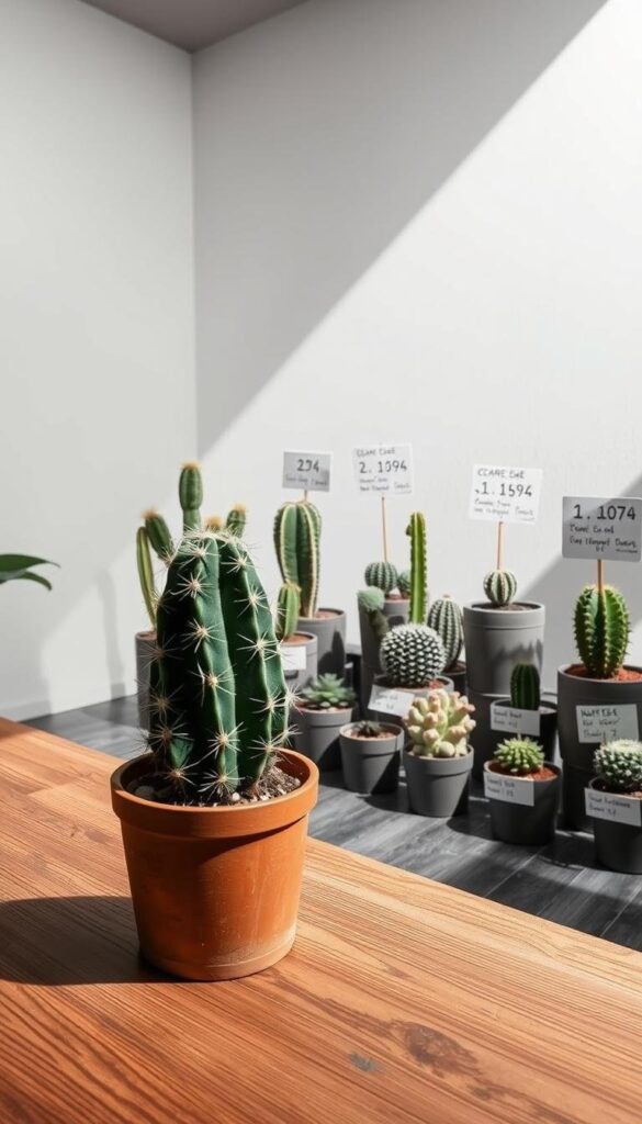 A well-lit indoor scene showcasing essential cactus care tips. In the foreground, a potted cactus plant sits on a wooden table, its spines casting delicate shadows. The middle ground features an array of succulents and small potted cacti, each labeled with care instructions - watering, soil, sunlight. The background has a minimalist white wall, lending a serene, gallery-like atmosphere. Dramatic side lighting highlights the sculptural forms and textures of the plants, creating a visually striking composition. A sense of simplicity and focus on the subject matter conveys the core message of "Essential Cactus Care Tips". A well-lit indoor scene showcasing essential cactus care tips. In the foreground, a potted cactus plant sits on a wooden table, its spines casting delicate shadows. The middle ground features an array of succulents and small potted cacti, each labeled with care instructions - watering, soil, sunlight. The background has a minimalist white wall, lending a serene, gallery-like atmosphere. Dramatic side lighting highlights the sculptural forms and textures of the plants, creating a visually striking composition. A sense of simplicity and focus on the subject matter conveys the core message of "Essential Cactus Care Tips".