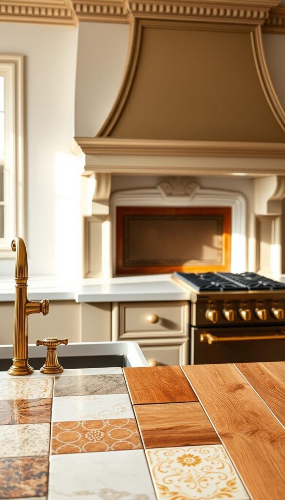 A well-lit kitchen countertop showcasing an assortment of timeless renovation materials. In the foreground, natural stone tiles in warm earth tones and glossy subway tiles in a classic white hue. In the middle ground, smooth wood planks in a rich honey finish and gleaming brass hardware. In the background, a fireplace mantel adorned with intricate moldings and a vintage-inspired range hood in a muted bronze tone. The lighting is soft and inviting, casting a gentle glow over the scene. This image conveys a sense of enduring elegance and quality craftsmanship, perfectly capturing the essence of "Choosing Classic Materials for Longevity". A well-lit kitchen countertop showcasing an assortment of timeless renovation materials. In the foreground, natural stone tiles in warm earth tones and glossy subway tiles in a classic white hue. In the middle ground, smooth wood planks in a rich honey finish and gleaming brass hardware. In the background, a fireplace mantel adorned with intricate moldings and a vintage-inspired range hood in a muted bronze tone. The lighting is soft and inviting, casting a gentle glow over the scene. This image conveys a sense of enduring elegance and quality craftsmanship, perfectly capturing the essence of "Choosing Classic Materials for Longevity".