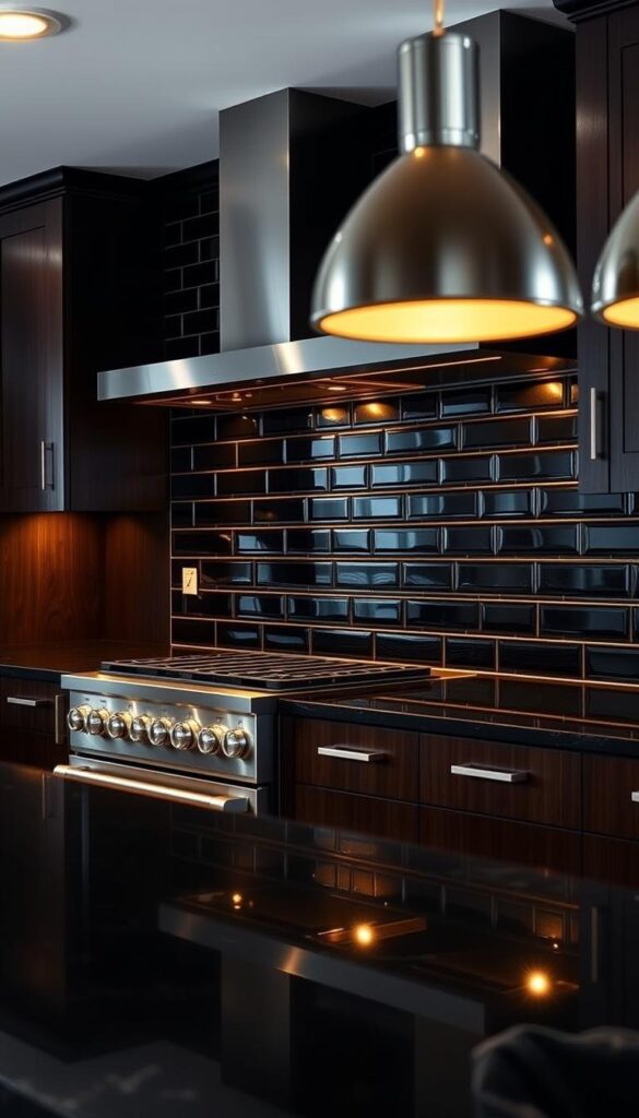 A well-lit, modern kitchen with a sleek black subway tile backsplash covering the entire wall. The tiles have a subtle sheen, creating a luxurious, smooth surface that reflects the warm lighting from above. In the foreground, stainless steel appliances and a black quartz countertop provide a bold, contrasting palette, while the background features dark wood cabinetry that adds depth and warmth to the space. The overall atmosphere is sophisticated, elegant, and inviting, perfect for showcasing a stunning black kitchen design. A well-lit, modern kitchen with a sleek black subway tile backsplash covering the entire wall. The tiles have a subtle sheen, creating a luxurious, smooth surface that reflects the warm lighting from above. In the foreground, stainless steel appliances and a black quartz countertop provide a bold, contrasting palette, while the background features dark wood cabinetry that adds depth and warmth to the space. The overall atmosphere is sophisticated, elegant, and inviting, perfect for showcasing a stunning black kitchen design.