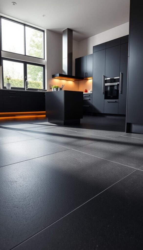 A well-lit modern kitchen with sleek black flooring that seamlessly blends with dark cabinetry. The floor has a matte, textured finish that adds depth and visual interest. Warm accent lighting casts a cozy glow, highlighting the rich tones of the black tiles. The layout is open and airy, with clean lines and minimalist design elements. Large windows flood the space with natural light, creating a bright and inviting atmosphere. The black flooring complements the overall sophisticated, monochromatic palette, elevating the kitchen's contemporary aesthetic. A well-lit modern kitchen with sleek black flooring that seamlessly blends with dark cabinetry. The floor has a matte, textured finish that adds depth and visual interest. Warm accent lighting casts a cozy glow, highlighting the rich tones of the black tiles. The layout is open and airy, with clean lines and minimalist design elements. Large windows flood the space with natural light, creating a bright and inviting atmosphere. The black flooring complements the overall sophisticated, monochromatic palette, elevating the kitchen's contemporary aesthetic.