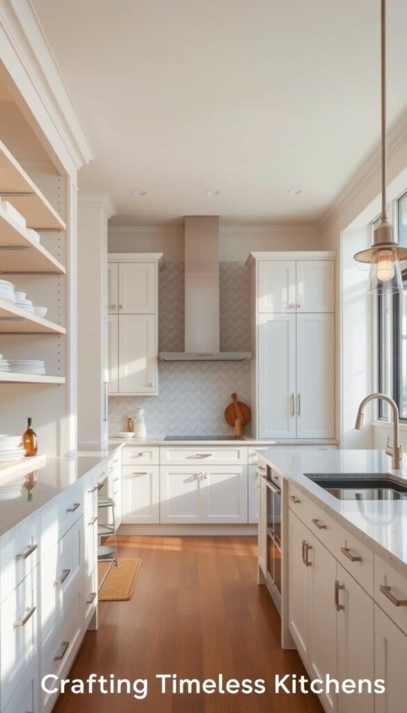 A well-organized, modern kitchen with numerous storage solutions, bathed in warm, natural lighting from large windows. In the foreground, a mix of open shelving, pullout drawers, and built-in cabinets with clean, minimalist designs. The middle ground features a spacious island with integrated storage beneath, complemented by sleek pendant lights. The background showcases a backsplash with a subtle, timeless pattern, harmonizing with the overall neutral color palette. The scene conveys a sense of order, functionality, and a timeless aesthetic suitable for a "Crafting Timeless Kitchens" article. A well-organized, modern kitchen with numerous storage solutions, bathed in warm, natural lighting from large windows. In the foreground, a mix of open shelving, pullout drawers, and built-in cabinets with clean, minimalist designs. The middle ground features a spacious island with integrated storage beneath, complemented by sleek pendant lights. The background showcases a backsplash with a subtle, timeless pattern, harmonizing with the overall neutral color palette. The scene conveys a sense of order, functionality, and a timeless aesthetic suitable for a "Crafting Timeless Kitchens" article.