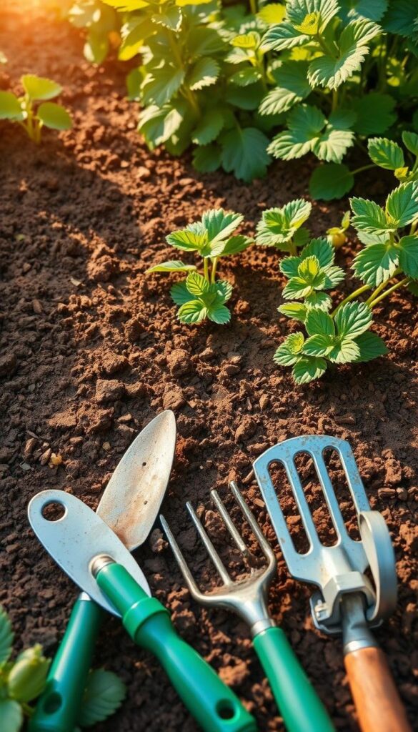 A well-tilled garden bed, the rich brown soil freshly turned and aerated, with delicate strawberry plants gently nestled into the earth. Sunlight filters through verdant foliage, casting a warm, golden glow. In the foreground, gardening tools - a trowel, a rake, and a small watering can - stand ready, hinting at the nurturing care that will be lavished upon these delicate fruits. The scene evokes a sense of tranquility and the promise of a bountiful harvest to come, perfectly capturing the essence of "Preparing Your Garden Soil for Strawberries". A well-tilled garden bed, the rich brown soil freshly turned and aerated, with delicate strawberry plants gently nestled into the earth. Sunlight filters through verdant foliage, casting a warm, golden glow. In the foreground, gardening tools - a trowel, a rake, and a small watering can - stand ready, hinting at the nurturing care that will be lavished upon these delicate fruits. The scene evokes a sense of tranquility and the promise of a bountiful harvest to come, perfectly capturing the essence of "Preparing Your Garden Soil for Strawberries".
