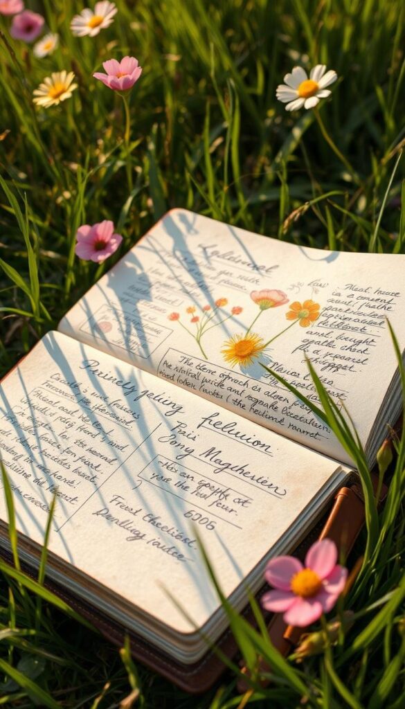 A well-worn leather field notebook lies open in the lush grass, its pages revealing delicate sketches and handwritten notes on vibrant spring wildflowers. The notebook is illuminated by warm, soft sunlight filtering through the swaying petals of a nearby meadow. Delicate botanical illustrations and meticulously detailed descriptions fill the pages, guiding the viewer on a journey of discovery through nature's colorful tapestry. The scene evokes a sense of exploration, wonder, and a deep appreciation for the beauty and diversity of the natural world. A well-worn leather field notebook lies open in the lush grass, its pages revealing delicate sketches and handwritten notes on vibrant spring wildflowers. The notebook is illuminated by warm, soft sunlight filtering through the swaying petals of a nearby meadow. Delicate botanical illustrations and meticulously detailed descriptions fill the pages, guiding the viewer on a journey of discovery through nature's colorful tapestry. The scene evokes a sense of exploration, wonder, and a deep appreciation for the beauty and diversity of the natural world.