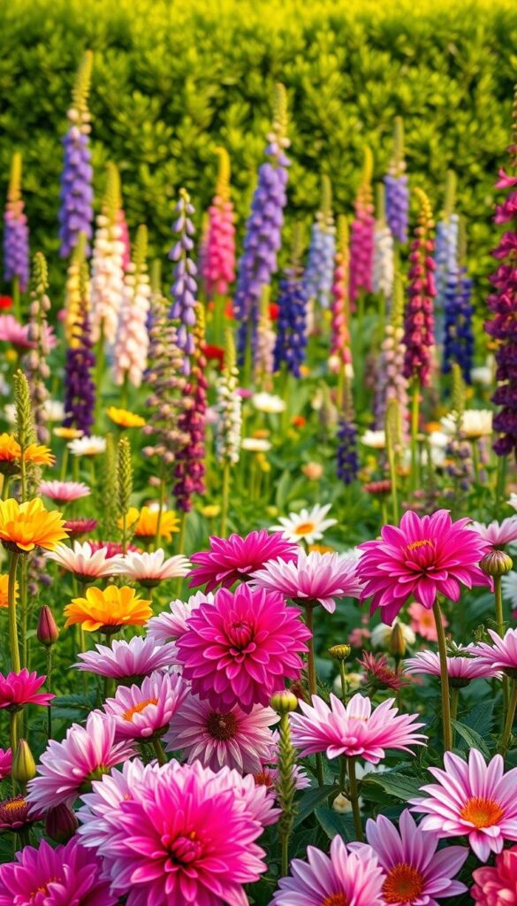 An enchanting English flower garden in full bloom, captured in vibrant detail. In the foreground, a lush tapestry of perennial blooms - peonies, dahlias, and lilies burst with vivid color. The middle ground showcases a harmonious arrangement of foxgloves, lupins, and delphiniums, their tall stems swaying gently in the soft, golden light. The background reveals a verdant hedgerow, framing the scene with its rich, verdant foliage. The image is imbued with a sense of timeless elegance, inviting the viewer to step into this enchanting floral oasis. Soft, diffused lighting creates a warm, dreamlike atmosphere, highlighting the delicate textures and intricate beauty of the flowers. An enchanting English flower garden in full bloom, captured in vibrant detail. In the foreground, a lush tapestry of perennial blooms - peonies, dahlias, and lilies burst with vivid color. The middle ground showcases a harmonious arrangement of foxgloves, lupins, and delphiniums, their tall stems swaying gently in the soft, golden light. The background reveals a verdant hedgerow, framing the scene with its rich, verdant foliage. The image is imbued with a sense of timeless elegance, inviting the viewer to step into this enchanting floral oasis. Soft, diffused lighting creates a warm, dreamlike atmosphere, highlighting the delicate textures and intricate beauty of the flowers.