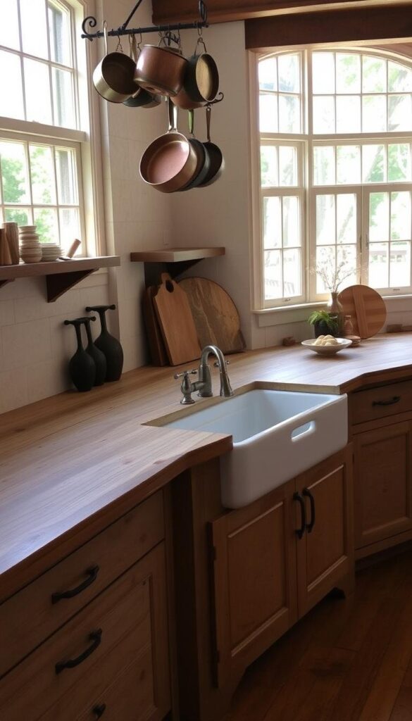 An expansive rustic farmhouse kitchen, brightly lit by natural sunlight streaming through large windows. The worn, weathered wood of the countertops contrasts beautifully with the smooth, light-colored stone backsplash. Subtle distressing and knots in the wood add character, as if the counters have been used and loved for generations. Vintage copper pots and pans hang from a wrought-iron rack, complementing the warm, earthy tones. A farmhouse sink with a classic gooseneck faucet sits at the center, ready to host homemade meals and baked goods. The overall atmosphere is one of timeless charm and comfortable elegance. An expansive rustic farmhouse kitchen, brightly lit by natural sunlight streaming through large windows. The worn, weathered wood of the countertops contrasts beautifully with the smooth, light-colored stone backsplash. Subtle distressing and knots in the wood add character, as if the counters have been used and loved for generations. Vintage copper pots and pans hang from a wrought-iron rack, complementing the warm, earthy tones. A farmhouse sink with a classic gooseneck faucet sits at the center, ready to host homemade meals and baked goods. The overall atmosphere is one of timeless charm and comfortable elegance.