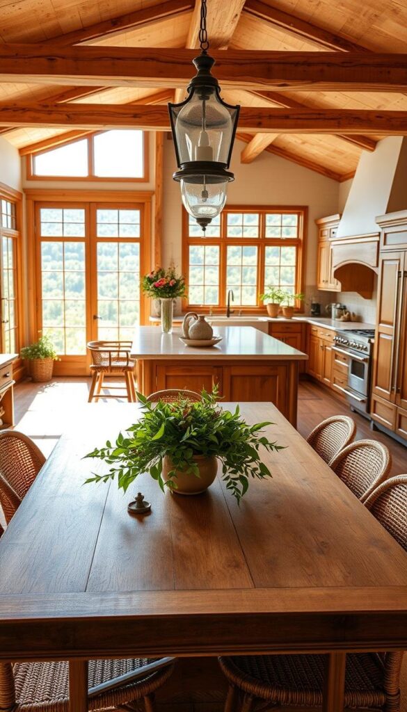 An expansive, sun-drenched kitchen filled with natural textures and earthy tones. The foreground showcases a large, wooden dining table surrounded by rattan-backed chairs, with a centerpiece of lush greenery and a weathered ceramic vase. The middle ground features a farmhouse-style kitchen island with a stone countertop, complemented by wooden cabinets and a vintage-inspired light fixture. In the background, panoramic windows offer a breathtaking view of a lush, verdant landscape, bathing the space in warm, golden light. The overall atmosphere evokes a serene, grounded ambiance, perfectly capturing the essence of the "Earthy Kitchen Aesthetic". An expansive, sun-drenched kitchen filled with natural textures and earthy tones. The foreground showcases a large, wooden dining table surrounded by rattan-backed chairs, with a centerpiece of lush greenery and a weathered ceramic vase. The middle ground features a farmhouse-style kitchen island with a stone countertop, complemented by wooden cabinets and a vintage-inspired light fixture. In the background, panoramic windows offer a breathtaking view of a lush, verdant landscape, bathing the space in warm, golden light. The overall atmosphere evokes a serene, grounded ambiance, perfectly capturing the essence of the "Earthy Kitchen Aesthetic".