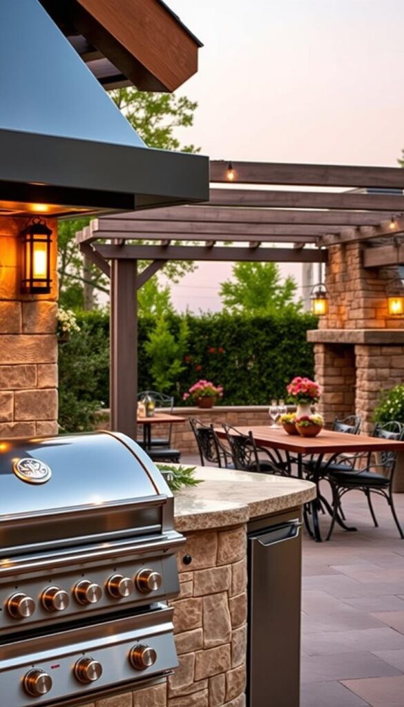 An idyllic outdoor kitchen design, showcasing a variety of stylish elements. In the foreground, a sleek, modern stainless steel grill and countertop setup, with a natural stone backsplash. In the middle ground, a cozy dining area with a rustic wooden table and wrought-iron chairs, surrounded by lush greenery and flowering plants. In the background, a stone-clad chimney or fireplace adds a touch of warmth and ambiance, while overhead, a pergola or canopy creates a shaded, intimate atmosphere. Warm, soft lighting illuminates the scene, accentuating the textural contrast between the materials. The overall design seamlessly blends contemporary and traditional elements, creating a harmonious and inviting outdoor kitchen space. An idyllic outdoor kitchen design, showcasing a variety of stylish elements. In the foreground, a sleek, modern stainless steel grill and countertop setup, with a natural stone backsplash. In the middle ground, a cozy dining area with a rustic wooden table and wrought-iron chairs, surrounded by lush greenery and flowering plants. In the background, a stone-clad chimney or fireplace adds a touch of warmth and ambiance, while overhead, a pergola or canopy creates a shaded, intimate atmosphere. Warm, soft lighting illuminates the scene, accentuating the textural contrast between the materials. The overall design seamlessly blends contemporary and traditional elements, creating a harmonious and inviting outdoor kitchen space.
