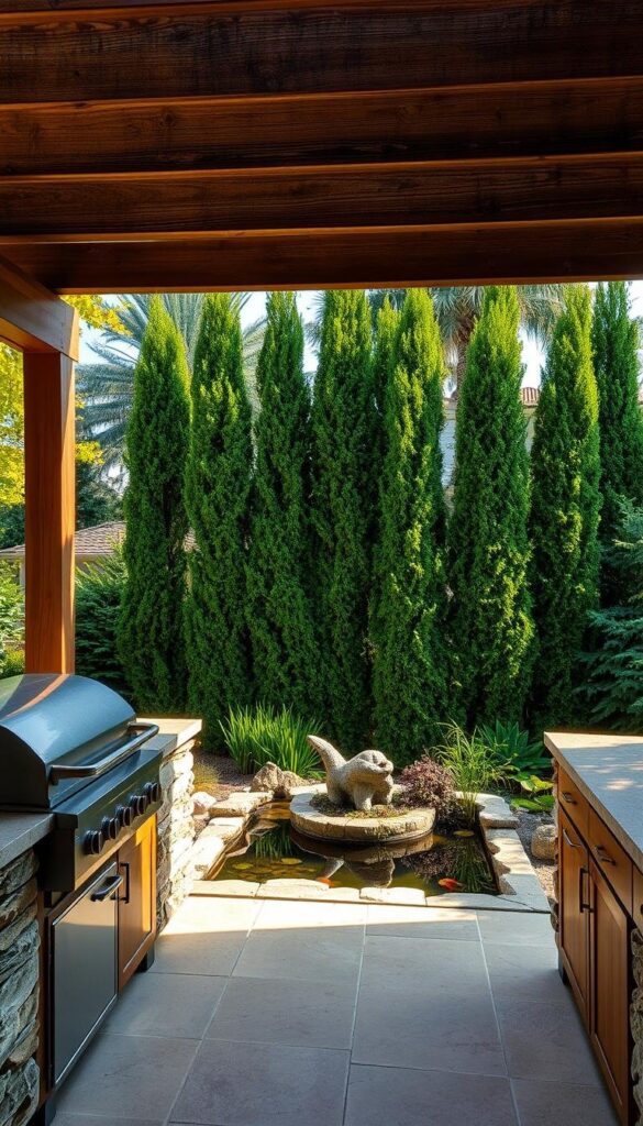 An idyllic outdoor kitchen nestled in a lush, verdant backyard. The scene features a well-appointed cooking area with a sleek stainless steel grill, a weathered wooden island, and a stone-clad countertop. Overhead, a rustic wooden pergola casts a gentle shadow, creating a warm, inviting ambiance. The middle ground showcases a tranquil koi pond, with its calming waters reflecting the surrounding flora. In the background, a row of tall, swaying trees frames the scene, providing natural privacy and a sense of seclusion. The overall atmosphere is one of peaceful relaxation, perfect for entertaining and al fresco dining. An idyllic outdoor kitchen nestled in a lush, verdant backyard. The scene features a well-appointed cooking area with a sleek stainless steel grill, a weathered wooden island, and a stone-clad countertop. Overhead, a rustic wooden pergola casts a gentle shadow, creating a warm, inviting ambiance. The middle ground showcases a tranquil koi pond, with its calming waters reflecting the surrounding flora. In the background, a row of tall, swaying trees frames the scene, providing natural privacy and a sense of seclusion. The overall atmosphere is one of peaceful relaxation, perfect for entertaining and al fresco dining.