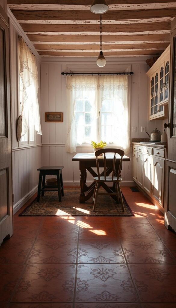 An inviting vintage kitchen with a warm, rustic ambiance. Sunlight filters through lace curtains, casting a soft glow over a charming tile floor in muted earth tones. The tiles feature a classic, repeating pattern with subtle variations, creating a sense of timeless elegance. Surrounding the room, whitewashed wood paneling and distressed cabinetry evoke the charm of a cozy cottage. A worn, antique rug adds a touch of character, while a sturdy wooden table and weathered chairs complete the timeless, homey aesthetic. This harmonious blend of textures and tones sets the stage for a welcoming, lived-in kitchen space. An inviting vintage kitchen with a warm, rustic ambiance. Sunlight filters through lace curtains, casting a soft glow over a charming tile floor in muted earth tones. The tiles feature a classic, repeating pattern with subtle variations, creating a sense of timeless elegance. Surrounding the room, whitewashed wood paneling and distressed cabinetry evoke the charm of a cozy cottage. A worn, antique rug adds a touch of character, while a sturdy wooden table and weathered chairs complete the timeless, homey aesthetic. This harmonious blend of textures and tones sets the stage for a welcoming, lived-in kitchen space.