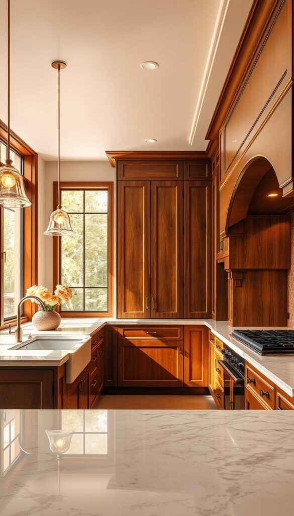 An opulent kitchen bathed in warm, golden light, with sleek marble countertops and rich wood cabinetry in a deep, luxurious shade. The backsplash features intricate tile patterns in muted earth tones, complementing the overall color palette. Strategically placed pendant lights cast a soft, ambient glow, while large windows allow natural light to flow in, creating a harmonious blend of modern and classic elements. The space exudes an air of sophistication and elegance, inviting the viewer to imagine preparing gourmet meals in this tranquil, high-end setting. An opulent kitchen bathed in warm, golden light, with sleek marble countertops and rich wood cabinetry in a deep, luxurious shade. The backsplash features intricate tile patterns in muted earth tones, complementing the overall color palette. Strategically placed pendant lights cast a soft, ambient glow, while large windows allow natural light to flow in, creating a harmonious blend of modern and classic elements. The space exudes an air of sophistication and elegance, inviting the viewer to imagine preparing gourmet meals in this tranquil, high-end setting.