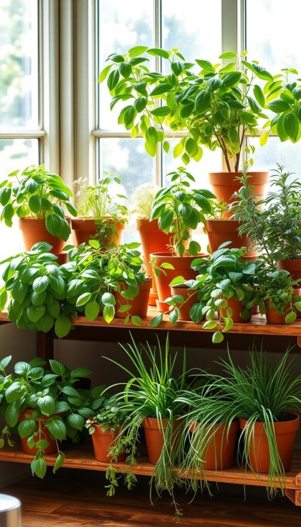 An organized kitchen herb garden layout showcasing the best herbs to grow - lush green basil, fragrant rosemary, vibrant chives, and other culinary favorites. Sunlight streams in through a large window, illuminating the arrangement of terracotta pots on rustic wooden shelves. The plants are brimming with life, their leaves gently swaying. A sense of tranquility and nourishment pervades the scene, inviting the viewer to immerse themselves in the joy of cultivating a thriving indoor herb oasis. An organized kitchen herb garden layout showcasing the best herbs to grow - lush green basil, fragrant rosemary, vibrant chives, and other culinary favorites. Sunlight streams in through a large window, illuminating the arrangement of terracotta pots on rustic wooden shelves. The plants are brimming with life, their leaves gently swaying. A sense of tranquility and nourishment pervades the scene, inviting the viewer to immerse themselves in the joy of cultivating a thriving indoor herb oasis.