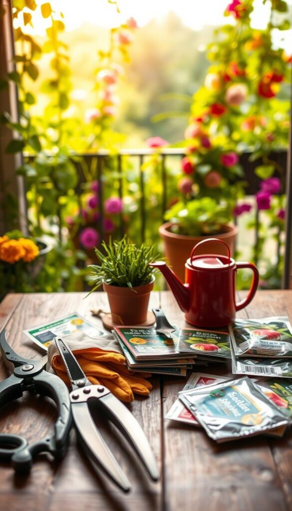 Balcony flower maintenance tools and supplies arranged neatly on a wooden tabletop. In the foreground, pruning shears, garden gloves, and a small watering can sit alongside packets of seeds and fertilizer. In the middle ground, a potted plant and a small gardening trowel create a sense of purpose. The background features a blurred view of a lush, green balcony with trailing vines and vibrant blooms, illuminated by warm, natural lighting that casts a soft, golden glow over the scene. The overall composition conveys a sense of organization, care, and attention to detail in maintaining a thriving balcony garden. Balcony flower maintenance tools and supplies arranged neatly on a wooden tabletop. In the foreground, pruning shears, garden gloves, and a small watering can sit alongside packets of seeds and fertilizer. In the middle ground, a potted plant and a small gardening trowel create a sense of purpose. The background features a blurred view of a lush, green balcony with trailing vines and vibrant blooms, illuminated by warm, natural lighting that casts a soft, golden glow over the scene. The overall composition conveys a sense of organization, care, and attention to detail in maintaining a thriving balcony garden.
