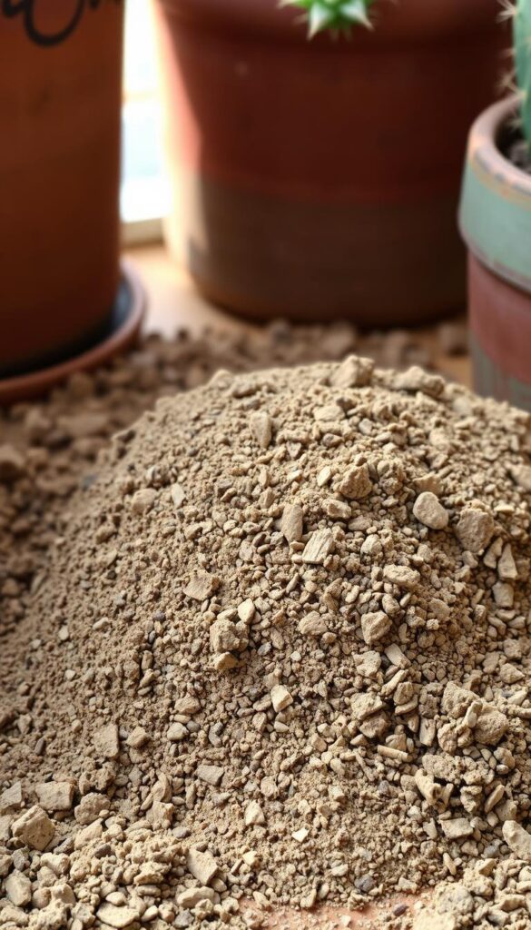 Cactus potting soil, a rich and well-draining mixture, sits in the foreground, its earthy tones and coarse texture inviting gentle fingers to sift through its nutrient-dense grains. Backlit by a soft, natural light, the soil cascades in layers, revealing its carefully balanced composition of perlite, sand, and organic compost. Surrounding the soil, the scene is framed by the subtle curves and muted greens of terracotta pots, their weathered surfaces hinting at the resilience of the desert-dwelling plants they will soon contain. The overall mood is one of tranquility and anticipation, setting the stage for the upcoming task of repotting a thriving cactus. Cactus potting soil, a rich and well-draining mixture, sits in the foreground, its earthy tones and coarse texture inviting gentle fingers to sift through its nutrient-dense grains. Backlit by a soft, natural light, the soil cascades in layers, revealing its carefully balanced composition of perlite, sand, and organic compost. Surrounding the soil, the scene is framed by the subtle curves and muted greens of terracotta pots, their weathered surfaces hinting at the resilience of the desert-dwelling plants they will soon contain. The overall mood is one of tranquility and anticipation, setting the stage for the upcoming task of repotting a thriving cactus.