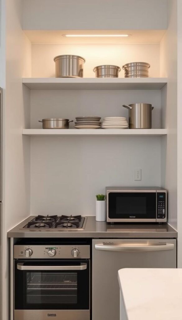 Compact appliances neatly arranged in a modern, minimalist kitchen. Sleek, stainless steel cooktop, oven, and dishwasher tucked into a streamlined, space-saving design. Floating shelves above hold essential cookware, creating an illusion of openness. Soft, indirect lighting casts a warm glow, enhancing the sense of efficiency and organization. Neutral tones of gray and white dominate the scene, accented by a touch of greenery for a fresh, natural touch. The overall atmosphere evokes a harmonious blend of function and style, perfectly suited for a small, urban kitchen. Compact appliances neatly arranged in a modern, minimalist kitchen. Sleek, stainless steel cooktop, oven, and dishwasher tucked into a streamlined, space-saving design. Floating shelves above hold essential cookware, creating an illusion of openness. Soft, indirect lighting casts a warm glow, enhancing the sense of efficiency and organization. Neutral tones of gray and white dominate the scene, accented by a touch of greenery for a fresh, natural touch. The overall atmosphere evokes a harmonious blend of function and style, perfectly suited for a small, urban kitchen.