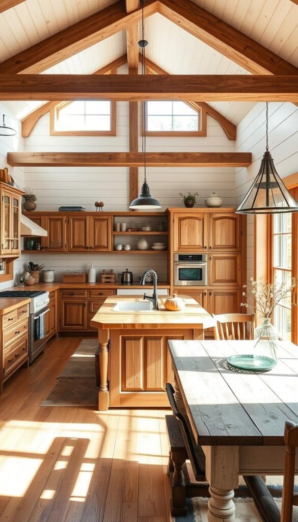 Cozy farmhouse kitchen layout, bright and airy with natural light streaming through large windows. Rustic wooden cabinets, butcher block countertops, and a vintage-inspired farmhouse sink. A central island with modern pendant lighting casts a warm glow. Exposed beams and shiplap walls create a charming, country-inspired ambiance. Antique accents, such as mason jars and a weathered wooden table, add to the authentic farmhouse aesthetic. Soft, earthy tones and natural textures blend seamlessly, evoking a sense of timeless, homey comfort. Wide-angle lens captures the spacious, open-concept layout, showcasing the harmonious flow between the cooking, dining, and living areas. Cozy farmhouse kitchen layout, bright and airy with natural light streaming through large windows. Rustic wooden cabinets, butcher block countertops, and a vintage-inspired farmhouse sink. A central island with modern pendant lighting casts a warm glow. Exposed beams and shiplap walls create a charming, country-inspired ambiance. Antique accents, such as mason jars and a weathered wooden table, add to the authentic farmhouse aesthetic. Soft, earthy tones and natural textures blend seamlessly, evoking a sense of timeless, homey comfort. Wide-angle lens captures the spacious, open-concept layout, showcasing the harmonious flow between the cooking, dining, and living areas.