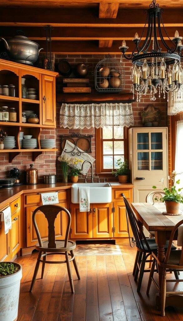 Detailed vintage kitchen interior, warm golden lighting, natural wooden cabinets and shelves, antique copper pots and pans, glass jars with herbs, aged brick backsplash, farmhouse sink, ornate chandelier, lace curtains, floral patterns on tea towels, rustic wooden table with mismatched chairs, worn hardwood floors, potted plants, cozy atmosphere evoking an old-world charm. Detailed vintage kitchen interior, warm golden lighting, natural wooden cabinets and shelves, antique copper pots and pans, glass jars with herbs, aged brick backsplash, farmhouse sink, ornate chandelier, lace curtains, floral patterns on tea towels, rustic wooden table with mismatched chairs, worn hardwood floors, potted plants, cozy atmosphere evoking an old-world charm.
