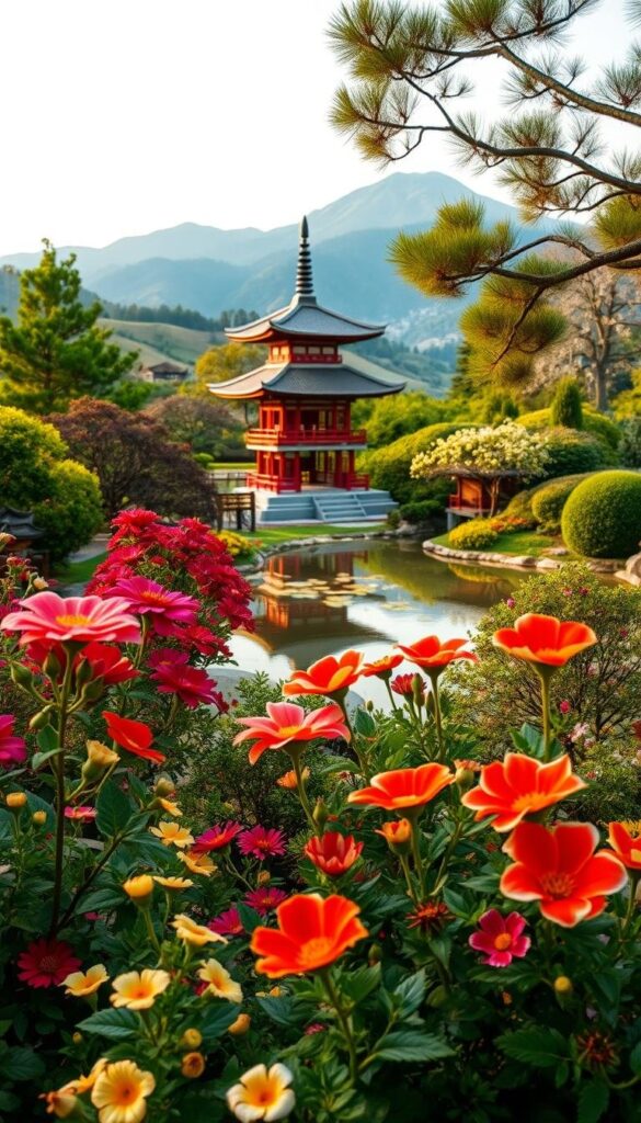 Lush Japanese garden with vibrant flowers in the foreground, featuring a serene koi pond and a traditional pagoda in the middle ground, all set against a backdrop of rolling hills and a stunning mountain landscape. Soft, warm lighting casts a gentle glow over the scene, creating a sense of tranquility and harmony. The composition is balanced and visually striking, inviting the viewer to immerse themselves in the beauty of Japanese landscaping design. Lush Japanese garden with vibrant flowers in the foreground, featuring a serene koi pond and a traditional pagoda in the middle ground, all set against a backdrop of rolling hills and a stunning mountain landscape. Soft, warm lighting casts a gentle glow over the scene, creating a sense of tranquility and harmony. The composition is balanced and visually striking, inviting the viewer to immerse themselves in the beauty of Japanese landscaping design.