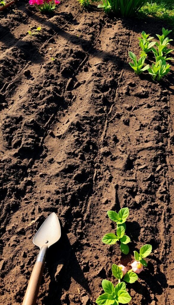 Lush spring garden bed, freshly tilled earth, sunlight gently filtering through soft clouds. Rows of neatly turned soil, ready to receive new life. Gardening tools - trowel, rake, and hoe - stand at the ready. Colorful seedlings and bulbs await planting, their vibrant hues promising a kaleidoscope of blooms. A sense of anticipation and renewal fills the air, as the gardener prepares the ideal conditions for a bountiful spring harvest. Crisp, clean light illuminates the scene, casting long shadows and highlighting the rich, dark loam. The composition is balanced, with the garden bed taking center stage, framed by the gentle curves of the landscape. Lush spring garden bed, freshly tilled earth, sunlight gently filtering through soft clouds. Rows of neatly turned soil, ready to receive new life. Gardening tools - trowel, rake, and hoe - stand at the ready. Colorful seedlings and bulbs await planting, their vibrant hues promising a kaleidoscope of blooms. A sense of anticipation and renewal fills the air, as the gardener prepares the ideal conditions for a bountiful spring harvest. Crisp, clean light illuminates the scene, casting long shadows and highlighting the rich, dark loam. The composition is balanced, with the garden bed taking center stage, framed by the gentle curves of the landscape.
