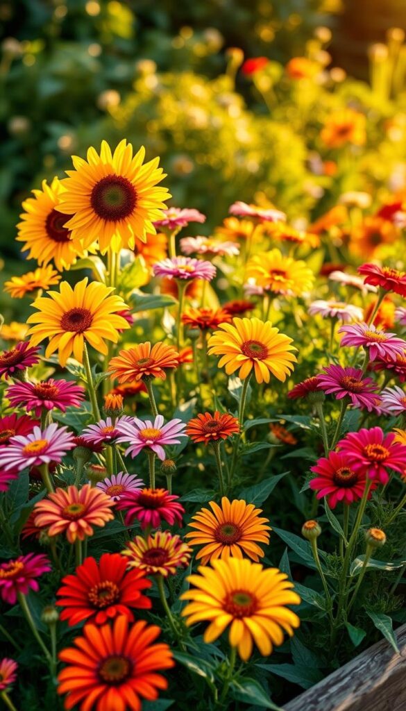 Lush, vibrant summer flower garden in warm golden afternoon light. Close-up view of a variety of blooming flowers - sunflowers, zinnias, marigolds, and cosmos - arranged artfully in a well-tended, raised garden bed. Soft, pleasing depth of field with blurred background of green foliage. Natural, organic composition that draws the eye to the colorful, healthy flowers. Careful attention to gardening details like pruning, weeding, and soil health reflected in the thriving plants. Serene, tranquil atmosphere that inspires appreciation for the beauty and care of a summer flower garden. Lush, vibrant summer flower garden in warm golden afternoon light. Close-up view of a variety of blooming flowers - sunflowers, zinnias, marigolds, and cosmos - arranged artfully in a well-tended, raised garden bed. Soft, pleasing depth of field with blurred background of green foliage. Natural, organic composition that draws the eye to the colorful, healthy flowers. Careful attention to gardening details like pruning, weeding, and soil health reflected in the thriving plants. Serene, tranquil atmosphere that inspires appreciation for the beauty and care of a summer flower garden.