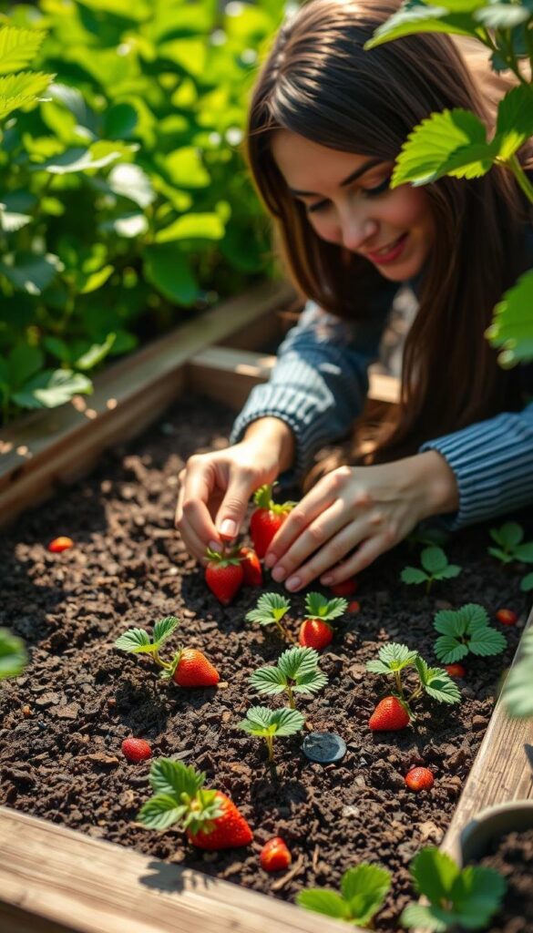 Planting strawberries in a DIY strawberry garden. Medium shot of a person's hands carefully placing strawberry seedlings into a raised garden bed filled with nutrient-rich soil. Lush green foliage in the background, soft natural sunlight filtering through. The person's expression is focused and determined, conveying the care and attention required for a successful strawberry harvest. The garden bed is surrounded by wooden planks, creating a rustic, homemade aesthetic. The overall scene evokes a sense of tranquility, productivity, and the joy of growing one's own food. Planting strawberries in a DIY strawberry garden. Medium shot of a person's hands carefully placing strawberry seedlings into a raised garden bed filled with nutrient-rich soil. Lush green foliage in the background, soft natural sunlight filtering through. The person's expression is focused and determined, conveying the care and attention required for a successful strawberry harvest. The garden bed is surrounded by wooden planks, creating a rustic, homemade aesthetic. The overall scene evokes a sense of tranquility, productivity, and the joy of growing one's own food.