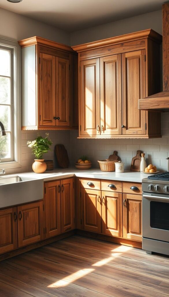 Rustic kitchen cabinets in warm, earthy tones, illuminated by soft, natural lighting streaming through a large window. Distressed wood textures and vintage hardware create a cozy, lived-in atmosphere. The cabinets are arranged in a classic L-shape layout, complemented by a simple, neutral backsplash. Hints of greenery and neutral-toned decor elements add subtle pops of color, completing the inviting, timeless aesthetic. Captured from a slightly elevated angle to showcase the overall composition and color palette. Rustic kitchen cabinets in warm, earthy tones, illuminated by soft, natural lighting streaming through a large window. Distressed wood textures and vintage hardware create a cozy, lived-in atmosphere. The cabinets are arranged in a classic L-shape layout, complemented by a simple, neutral backsplash. Hints of greenery and neutral-toned decor elements add subtle pops of color, completing the inviting, timeless aesthetic. Captured from a slightly elevated angle to showcase the overall composition and color palette.