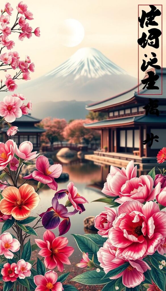 Stunning Japanese floral art, with vibrant blooms and delicate brushstrokes. A captivating foreground showcases a vibrant array of cherry blossoms, peonies, and irises, their petals soft and lifelike. The middle ground features a tranquil Japanese garden, with a koi pond and traditional architecture, bathed in warm, diffused lighting. In the background, a hazy Mount Fuji looms, its snow-capped peak reflected in the still waters. Calligraphic elements and abstract patterns add depth and cultural resonance, evoking the timeless beauty of Japanese artistic traditions. The overall composition conveys a sense of serene elegance, perfectly suited to illustrate the section on "Japanese Flowers in Art and Literature". Stunning Japanese floral art, with vibrant blooms and delicate brushstrokes. A captivating foreground showcases a vibrant array of cherry blossoms, peonies, and irises, their petals soft and lifelike. The middle ground features a tranquil Japanese garden, with a koi pond and traditional architecture, bathed in warm, diffused lighting. In the background, a hazy Mount Fuji looms, its snow-capped peak reflected in the still waters. Calligraphic elements and abstract patterns add depth and cultural resonance, evoking the timeless beauty of Japanese artistic traditions. The overall composition conveys a sense of serene elegance, perfectly suited to illustrate the section on "Japanese Flowers in Art and Literature".