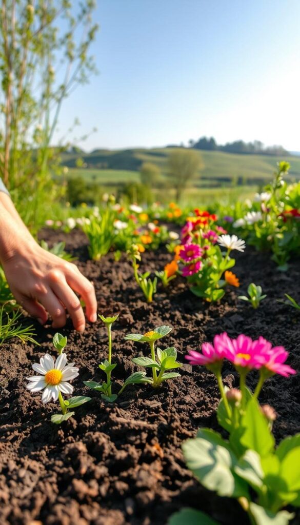 Verdant garden scene, close-up view of spring flower planting process. In the foreground, a pair of hands gently placing seedlings into freshly tilled soil, surrounded by lush greenery and bursts of colorful blooms. The middle ground features an assortment of flowering plants in various stages of growth, their petals unfurling in the soft, diffused lighting. In the background, a tranquil landscape with rolling hills and a clear blue sky, creating a serene, inviting atmosphere. Capture the essence of a step-by-step guide to spring flower planting, showcasing the natural beauty and joy of cultivating a vibrant garden. Verdant garden scene, close-up view of spring flower planting process. In the foreground, a pair of hands gently placing seedlings into freshly tilled soil, surrounded by lush greenery and bursts of colorful blooms. The middle ground features an assortment of flowering plants in various stages of growth, their petals unfurling in the soft, diffused lighting. In the background, a tranquil landscape with rolling hills and a clear blue sky, creating a serene, inviting atmosphere. Capture the essence of a step-by-step guide to spring flower planting, showcasing the natural beauty and joy of cultivating a vibrant garden.