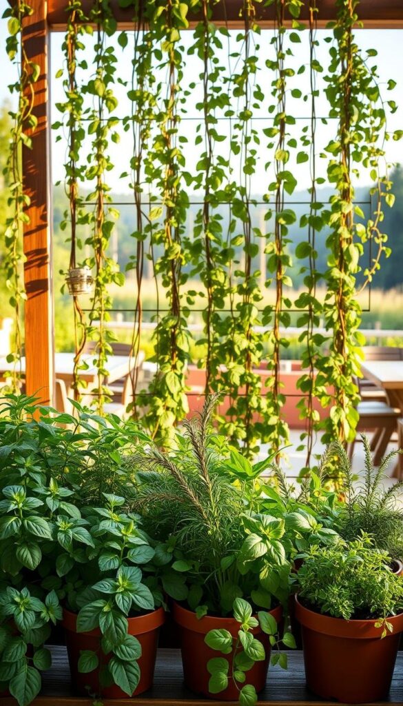 Vertical herb garden design ideas, featuring an array of lush greenery cascading down a wooden or metal frame. A focal point of the composition, the vertical structure is bathed in warm, natural lighting, casting gentle shadows that accentuate the different textures and shapes of the herbs. In the foreground, various potted herbs such as basil, thyme, and rosemary are neatly arranged, their vibrant colors and delicate foliage creating a visually compelling display. The middle ground showcases the vertical garden itself, with trailing vines and leafy greens artfully arranged in a harmonious, symmetrical pattern. The background suggests a serene, garden-like setting, perhaps with a glimpse of a tranquil patio or a verdant landscape beyond, setting the stage for this practical and aesthetically pleasing herb garden layout. Vertical herb garden design ideas, featuring an array of lush greenery cascading down a wooden or metal frame. A focal point of the composition, the vertical structure is bathed in warm, natural lighting, casting gentle shadows that accentuate the different textures and shapes of the herbs. In the foreground, various potted herbs such as basil, thyme, and rosemary are neatly arranged, their vibrant colors and delicate foliage creating a visually compelling display. The middle ground showcases the vertical garden itself, with trailing vines and leafy greens artfully arranged in a harmonious, symmetrical pattern. The background suggests a serene, garden-like setting, perhaps with a glimpse of a tranquil patio or a verdant landscape beyond, setting the stage for this practical and aesthetically pleasing herb garden layout.
