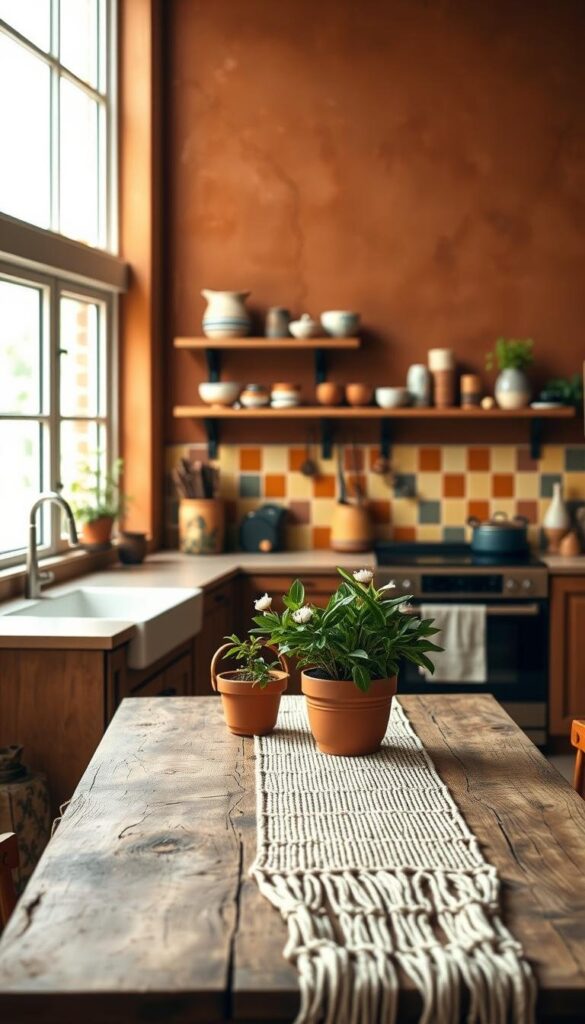 Vibrant boho kitchen color palette ideas, featuring a warm, earthy color scheme. In the foreground, a rustic wooden table with a hand-woven macrame runner, accented by terracotta pots of lush greenery. In the middle ground, a colorful tile backsplash in shades of ochre, mustard, and sage, complemented by open shelving displaying an eclectic mix of ceramics and copper cookware. The background showcases an organic, textured wall in a deep, terracotta hue, adding depth and character to the space. Soft, diffused natural lighting filters through large windows, casting a cozy, inviting glow throughout the room. The overall atmosphere is one of casual elegance, where bohemian flair meets functional design. Vibrant boho kitchen color palette ideas, featuring a warm, earthy color scheme. In the foreground, a rustic wooden table with a hand-woven macrame runner, accented by terracotta pots of lush greenery. In the middle ground, a colorful tile backsplash in shades of ochre, mustard, and sage, complemented by open shelving displaying an eclectic mix of ceramics and copper cookware. The background showcases an organic, textured wall in a deep, terracotta hue, adding depth and character to the space. Soft, diffused natural lighting filters through large windows, casting a cozy, inviting glow throughout the room. The overall atmosphere is one of casual elegance, where bohemian flair meets functional design.
