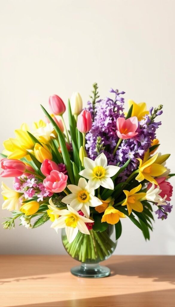 Vibrant spring floral arrangement with a mix of seasonal blooms, including tulips, daffodils, and hyacinths. The flowers are artfully arranged in an elegant vase, creating a visually stunning centerpiece. The lighting is soft and natural, casting a warm glow on the petals. The composition features a clean, minimalist background, allowing the flowers to take center stage. The overall mood is one of fresh, springtime elegance, perfectly capturing the beauty of April's seasonal blossoms. Vibrant spring floral arrangement with a mix of seasonal blooms, including tulips, daffodils, and hyacinths. The flowers are artfully arranged in an elegant vase, creating a visually stunning centerpiece. The lighting is soft and natural, casting a warm glow on the petals. The composition features a clean, minimalist background, allowing the flowers to take center stage. The overall mood is one of fresh, springtime elegance, perfectly capturing the beauty of April's seasonal blossoms.