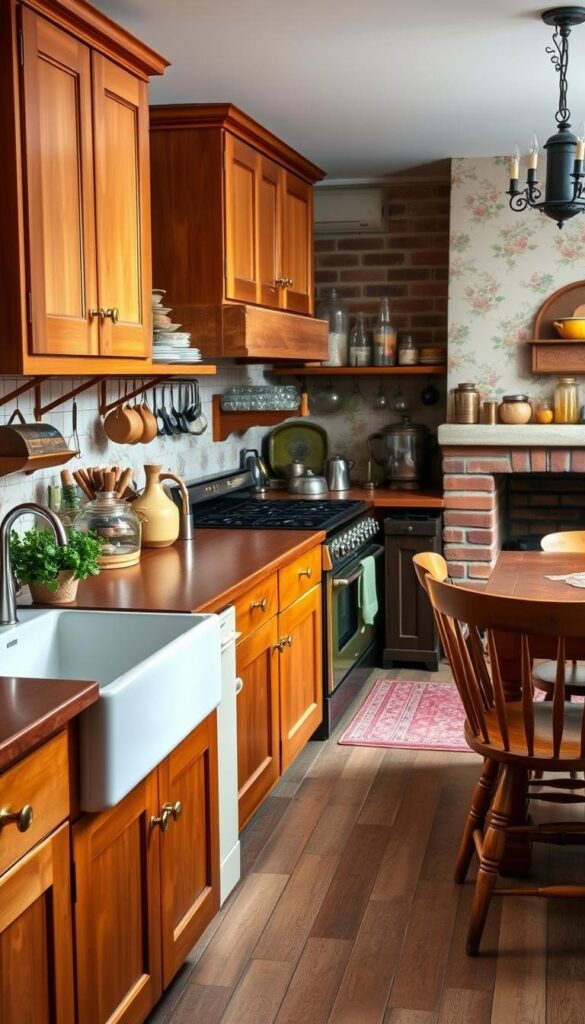 a charming vintage-style kitchen with warm wooden cabinetry, brass hardware, and antique-inspired decor. The foreground features a classic farmhouse sink, a rustic wooden table with mismatched chairs, and a cozy pot of herbs on the windowsill. The middle ground showcases a retro-style oven and stove, surrounded by vintage-inspired kitchenware and a collection of glass jars and bottles. In the background, a brick fireplace adds a cozy ambiance, while a delicate floral wallpaper and a vintage chandelier complete the timeless aesthetic. The lighting is soft and natural, creating a warm and inviting atmosphere. The overall composition captures the essence of a charming cottage kitchen, blending a mix of old and new elements. a charming vintage-style kitchen with warm wooden cabinetry, brass hardware, and antique-inspired decor. The foreground features a classic farmhouse sink, a rustic wooden table with mismatched chairs, and a cozy pot of herbs on the windowsill. The middle ground showcases a retro-style oven and stove, surrounded by vintage-inspired kitchenware and a collection of glass jars and bottles. In the background, a brick fireplace adds a cozy ambiance, while a delicate floral wallpaper and a vintage chandelier complete the timeless aesthetic. The lighting is soft and natural, creating a warm and inviting atmosphere. The overall composition captures the essence of a charming cottage kitchen, blending a mix of old and new elements.