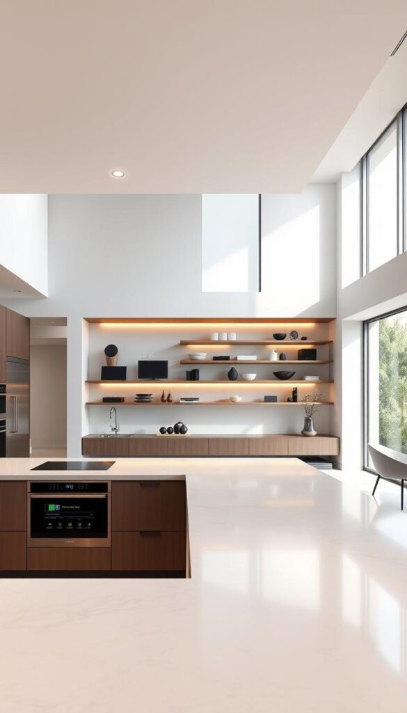 a high-end, modern kitchen interior with sleek, minimalist design and a focus on smart home technology. The foreground features a large, L-shaped kitchen island with a smooth, marble-like countertop and built-in smart appliances, including a touchscreen display and voice-controlled smart assistant. The middle ground showcases floor-to-ceiling windows that flood the space with natural light, and a futuristic, floating shelving system that displays a range of smart home devices. The background depicts a clean, neutral color palette, with brushed metal accents and subtle, recessed lighting that creates a warm, luxurious atmosphere. The overall scene conveys a sense of technological sophistication and seamless integration of smart features into a high-end kitchen design. a high-end, modern kitchen interior with sleek, minimalist design and a focus on smart home technology. The foreground features a large, L-shaped kitchen island with a smooth, marble-like countertop and built-in smart appliances, including a touchscreen display and voice-controlled smart assistant. The middle ground showcases floor-to-ceiling windows that flood the space with natural light, and a futuristic, floating shelving system that displays a range of smart home devices. The background depicts a clean, neutral color palette, with brushed metal accents and subtle, recessed lighting that creates a warm, luxurious atmosphere. The overall scene conveys a sense of technological sophistication and seamless integration of smart features into a high-end kitchen design.