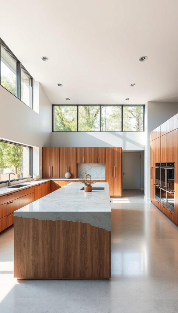 a large, open-plan modern kitchen with sleek, minimalist design, featuring a combination of high-quality materials such as natural wood cabinetry, brushed metal hardware, and a marble-topped island. The space is flooded with warm, natural light from floor-to-ceiling windows, creating a bright and airy atmosphere. The kitchen showcases a seamless blend of form and function, with clean lines, built-in appliances, and a sophisticated color palette of grays, whites, and accents of black. The overall impression is one of elegant simplicity, reflecting the hallmarks of contemporary kitchen design. a large, open-plan modern kitchen with sleek, minimalist design, featuring a combination of high-quality materials such as natural wood cabinetry, brushed metal hardware, and a marble-topped island. The space is flooded with warm, natural light from floor-to-ceiling windows, creating a bright and airy atmosphere. The kitchen showcases a seamless blend of form and function, with clean lines, built-in appliances, and a sophisticated color palette of grays, whites, and accents of black. The overall impression is one of elegant simplicity, reflecting the hallmarks of contemporary kitchen design.