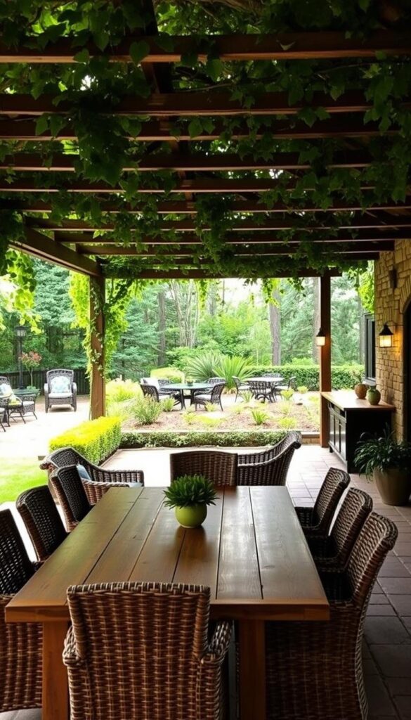 a lush, verdant outdoor dining area with a rustic, natural aesthetic. The foreground features a spacious, wooden dining table surrounded by wicker chairs, creating an inviting and comfortable seating arrangement. In the middle ground, a stone or brick patio extends outwards, blending seamlessly with the surrounding landscape. Overhead, a pergola or trellis structure supports cascading vines or climbing plants, casting a warm, dappled light across the scene. In the background, a well-manicured garden or wooded area provides a soothing, natural backdrop, complemented by the soft glow of outdoor lighting fixtures. The overall mood is one of peaceful, al fresco dining, perfect for entertaining or relaxing with family and friends. a lush, verdant outdoor dining area with a rustic, natural aesthetic. The foreground features a spacious, wooden dining table surrounded by wicker chairs, creating an inviting and comfortable seating arrangement. In the middle ground, a stone or brick patio extends outwards, blending seamlessly with the surrounding landscape. Overhead, a pergola or trellis structure supports cascading vines or climbing plants, casting a warm, dappled light across the scene. In the background, a well-manicured garden or wooded area provides a soothing, natural backdrop, complemented by the soft glow of outdoor lighting fixtures. The overall mood is one of peaceful, al fresco dining, perfect for entertaining or relaxing with family and friends.