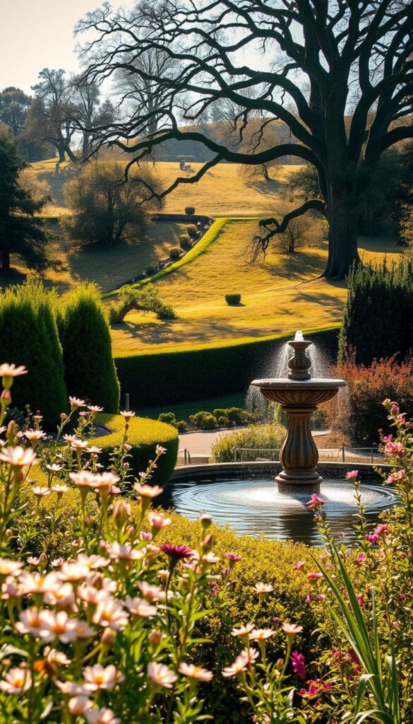 a lush, vibrant English garden landscape bathed in warm, golden sunlight. Delicate flowers bloom in the foreground, their petals gently swaying in a soft breeze. Tall, verdant hedgerows and neatly trimmed bushes line the garden's winding paths, creating a sense of privacy and enchantment. In the middle ground, a picturesque stone fountain bubbles with crystal-clear water, reflecting the dappled sunlight. The background features a rolling hill dotted with ancient oak trees, their branches casting dramatic shadows across the scene. The overall atmosphere is one of serenity, tranquility, and the natural beauty of an idyllic English garden. a lush, vibrant English garden landscape bathed in warm, golden sunlight. Delicate flowers bloom in the foreground, their petals gently swaying in a soft breeze. Tall, verdant hedgerows and neatly trimmed bushes line the garden's winding paths, creating a sense of privacy and enchantment. In the middle ground, a picturesque stone fountain bubbles with crystal-clear water, reflecting the dappled sunlight. The background features a rolling hill dotted with ancient oak trees, their branches casting dramatic shadows across the scene. The overall atmosphere is one of serenity, tranquility, and the natural beauty of an idyllic English garden.