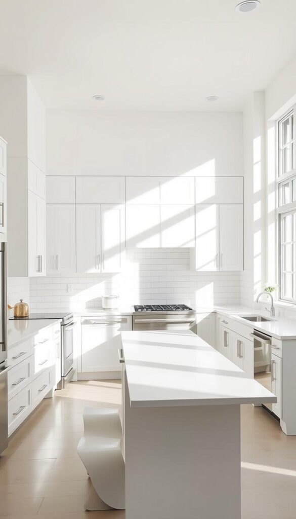 a pristine white modern kitchen with sleek cabinets, quartz countertops, and stainless steel appliances in a bright, airy space flooded with natural light streaming through large windows. the backsplash features clean white subway tiles arranged in a minimalist pattern. the kitchen island has a waterfall edge design and is paired with modern white bar stools. the overall aesthetic is one of timeless sophistication and elegant simplicity, creating a serene and inviting atmosphere a pristine white modern kitchen with sleek cabinets, quartz countertops, and stainless steel appliances in a bright, airy space flooded with natural light streaming through large windows. the backsplash features clean white subway tiles arranged in a minimalist pattern. the kitchen island has a waterfall edge design and is paired with modern white bar stools. the overall aesthetic is one of timeless sophistication and elegant simplicity, creating a serene and inviting atmosphere