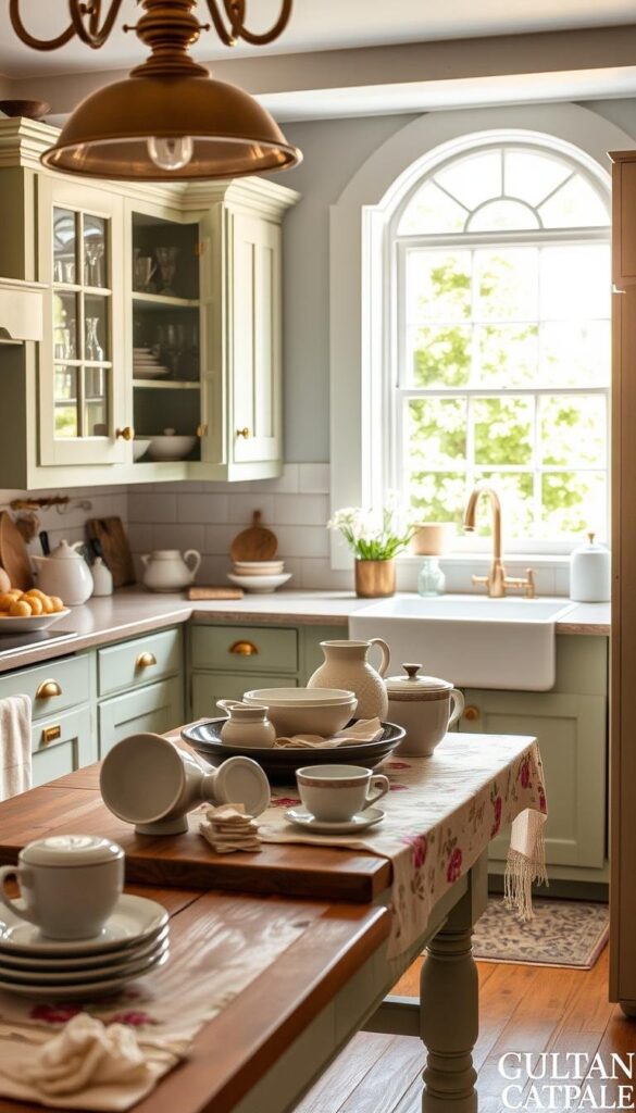 a quaint, cozy cottage kitchen with a charming, vintage-inspired color palette. the foreground features a farmhouse-style wooden table with a fresh, floral tablecloth and a mix of rustic ceramic dishware and cookware. the middle ground showcases custom cabinetry in a soft, muted green hue, complemented by brass hardware and open shelving displaying antique-style glassware. the background depicts a classic, cottage-style window overlooking a lush, verdant garden, allowing natural light to filter in and create a warm, inviting ambiance. the overall scene is bathed in a soft, golden glow, conveying a sense of timeless elegance and country-chic style. a quaint, cozy cottage kitchen with a charming, vintage-inspired color palette. the foreground features a farmhouse-style wooden table with a fresh, floral tablecloth and a mix of rustic ceramic dishware and cookware. the middle ground showcases custom cabinetry in a soft, muted green hue, complemented by brass hardware and open shelving displaying antique-style glassware. the background depicts a classic, cottage-style window overlooking a lush, verdant garden, allowing natural light to filter in and create a warm, inviting ambiance. the overall scene is bathed in a soft, golden glow, conveying a sense of timeless elegance and country-chic style.
