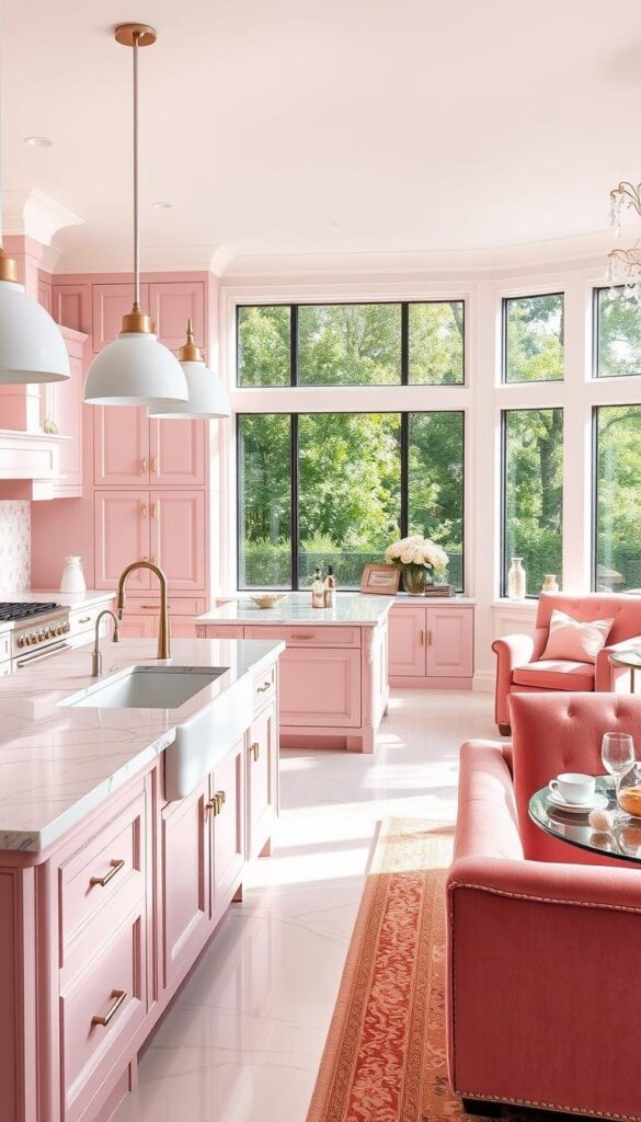 a stunning pink kitchen interior design with an elegant modern aesthetic. the open concept kitchen features soft pink cabinetry, marble countertops, and polished brass hardware. a large island with a built-in sink and white pendant lights creates a focal point. the backsplash is tiled in a delicate floral pattern that adds visual interest. the space is flooded with natural light from large windows, casting a warm glow. the kitchen leads into a cozy sitting area with plush pink velvet furniture and a vintage-inspired rug. the overall atmosphere is sophisticated, yet inviting and perfect for entertaining. a stunning pink kitchen interior design with an elegant modern aesthetic. the open concept kitchen features soft pink cabinetry, marble countertops, and polished brass hardware. a large island with a built-in sink and white pendant lights creates a focal point. the backsplash is tiled in a delicate floral pattern that adds visual interest. the space is flooded with natural light from large windows, casting a warm glow. the kitchen leads into a cozy sitting area with plush pink velvet furniture and a vintage-inspired rug. the overall atmosphere is sophisticated, yet inviting and perfect for entertaining.