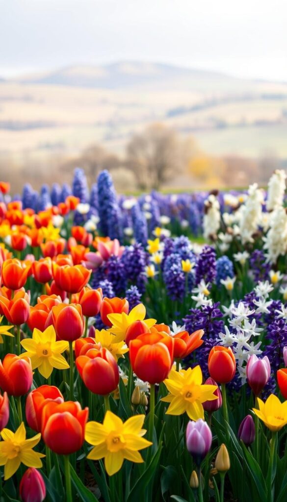 a vibrant and lush garden scene showcasing a selection of the most captivating spring bulb plants. The foreground features a beautiful array of tulips, daffodils, and hyacinths in a range of vivid colors including red, yellow, purple, and white. The middle ground showcases contrasting clusters of blooming crocus and allium, adding depth and visual interest. The background is a soft, blurred landscape of rolling hills and distant trees, creating a sense of tranquility and natural beauty. The lighting is soft and diffused, highlighting the delicate petals and vibrant hues of the flowers. The composition is balanced and symmetrical, drawing the viewer's eye to the stunning display of spring's most beloved bulb plants. a vibrant and lush garden scene showcasing a selection of the most captivating spring bulb plants. The foreground features a beautiful array of tulips, daffodils, and hyacinths in a range of vivid colors including red, yellow, purple, and white. The middle ground showcases contrasting clusters of blooming crocus and allium, adding depth and visual interest. The background is a soft, blurred landscape of rolling hills and distant trees, creating a sense of tranquility and natural beauty. The lighting is soft and diffused, highlighting the delicate petals and vibrant hues of the flowers. The composition is balanced and symmetrical, drawing the viewer's eye to the stunning display of spring's most beloved bulb plants.