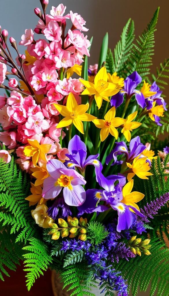 a vibrant bouquet of springtime blooms, including delicate pink cherry blossoms, cheerful yellow daffodils, fragrant purple irises, and lush green ferns, arranged in a natural, asymmetrical composition, bathed in warm, soft lighting that accentuates the vivid colors and textures, captured from a slightly elevated angle to showcase the flowers' elegance and natural beauty, exuding a serene, tranquil atmosphere that captures the essence of April's floral abundance a vibrant bouquet of springtime blooms, including delicate pink cherry blossoms, cheerful yellow daffodils, fragrant purple irises, and lush green ferns, arranged in a natural, asymmetrical composition, bathed in warm, soft lighting that accentuates the vivid colors and textures, captured from a slightly elevated angle to showcase the flowers' elegance and natural beauty, exuding a serene, tranquil atmosphere that captures the essence of April's floral abundance