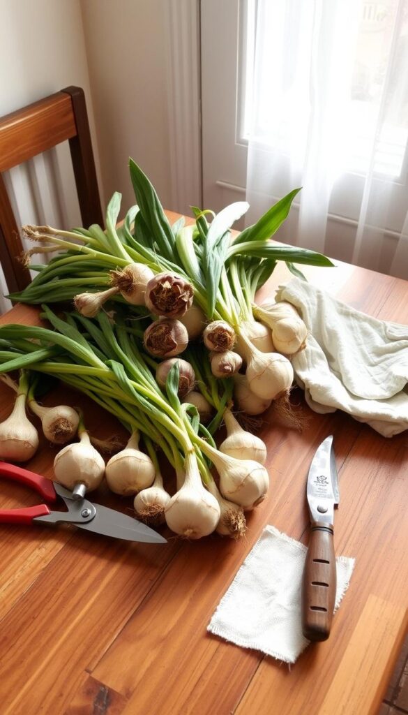 a well-lit indoor scene of a wooden table, with a variety of freshly harvested bulbs and gardening tools carefully arranged. The bulbs are in various stages of their post-bloom life cycle, some with withered flowers, others with newly emerging foliage. A pair of pruning shears, a small trowel, and a clean cloth are placed alongside the bulbs, suggesting the process of cleaning, trimming, and preparing them for storage or replanting. The scene has a warm, earthy tone, with muted natural lighting filtering in through a nearby window, casting soft shadows across the table. The overall composition conveys a sense of care, attention to detail, and the thoughtful transition of the bulbs from their blooming season to the next stage of their growth. a well-lit indoor scene of a wooden table, with a variety of freshly harvested bulbs and gardening tools carefully arranged. The bulbs are in various stages of their post-bloom life cycle, some with withered flowers, others with newly emerging foliage. A pair of pruning shears, a small trowel, and a clean cloth are placed alongside the bulbs, suggesting the process of cleaning, trimming, and preparing them for storage or replanting. The scene has a warm, earthy tone, with muted natural lighting filtering in through a nearby window, casting soft shadows across the table. The overall composition conveys a sense of care, attention to detail, and the thoughtful transition of the bulbs from their blooming season to the next stage of their growth.