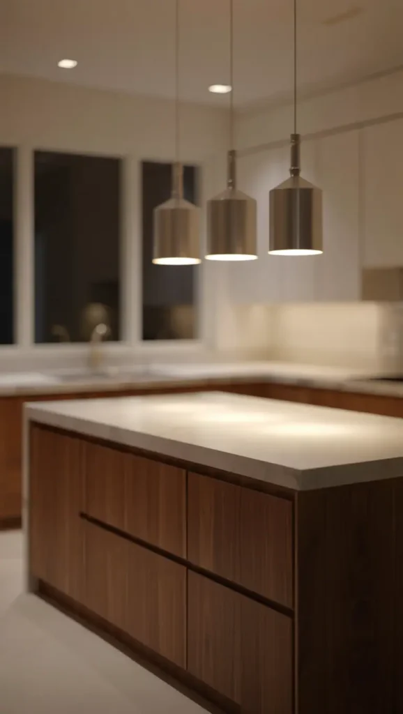 A spacious, high-end kitchen featuring exquisite custom cabinetry with a sleek, modern aesthetic. The cabinets are crafted from premium hardwood, with a rich, warm finish and clean, minimalist lines. Soft, diffused lighting from recessed fixtures casts a gentle glow, illuminating the smooth, glossy surfaces. In the foreground, a central island with a waterfall quartz countertop provides ample workspace and storage. The middle ground showcases a professional-grade stainless steel appliance suite, complementing the cabinetry's sophisticated design. The background reveals floor-to-ceiling windows, allowing natural light to flood the space and offering a glimpse of a carefully landscaped outdoor scene, creating a seamless integration of indoor and outdoor living. luxury kitchen designs